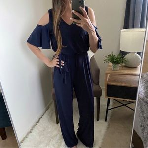 Calvin Klein Cold Shoulder Belted Jumpsuit Blue S